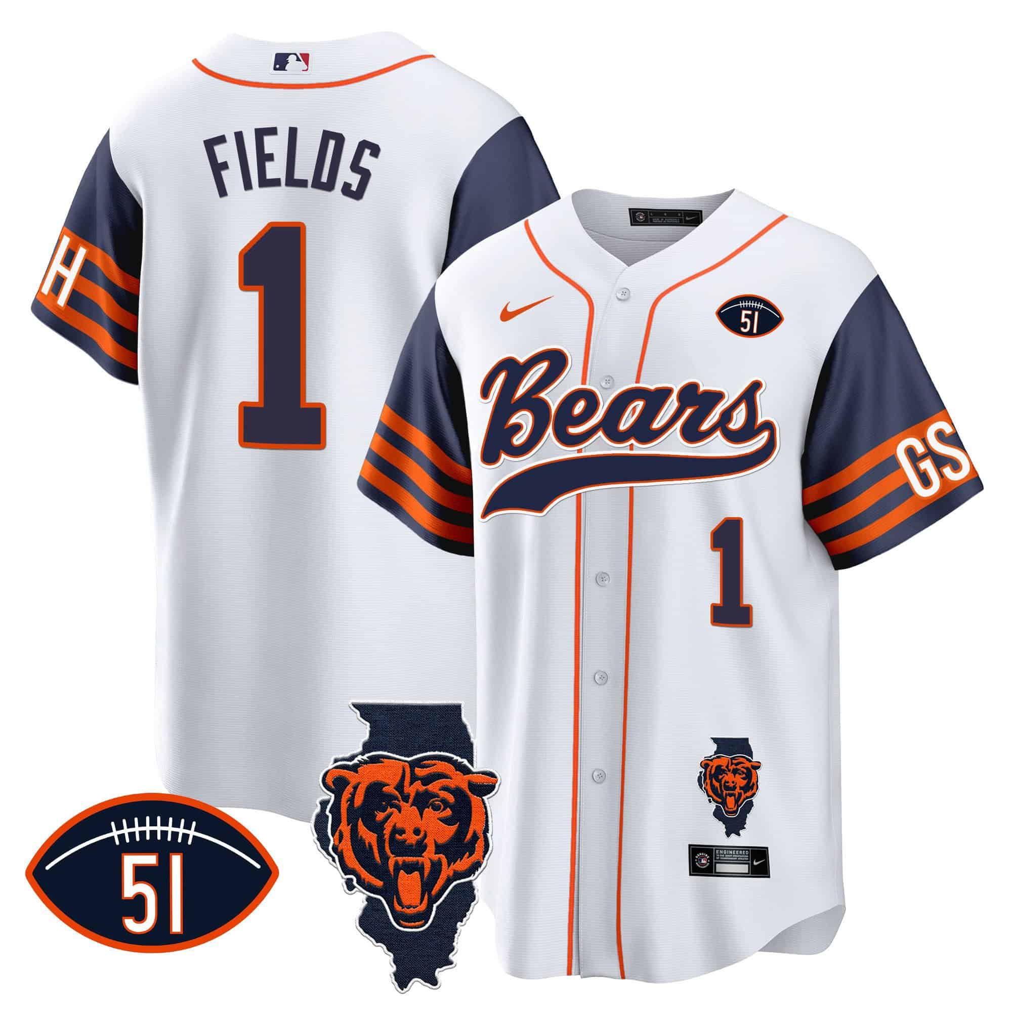 Men Chicago Bears #1 Fields White 2024 Nike Patch Baseball NFL Jersey style 1